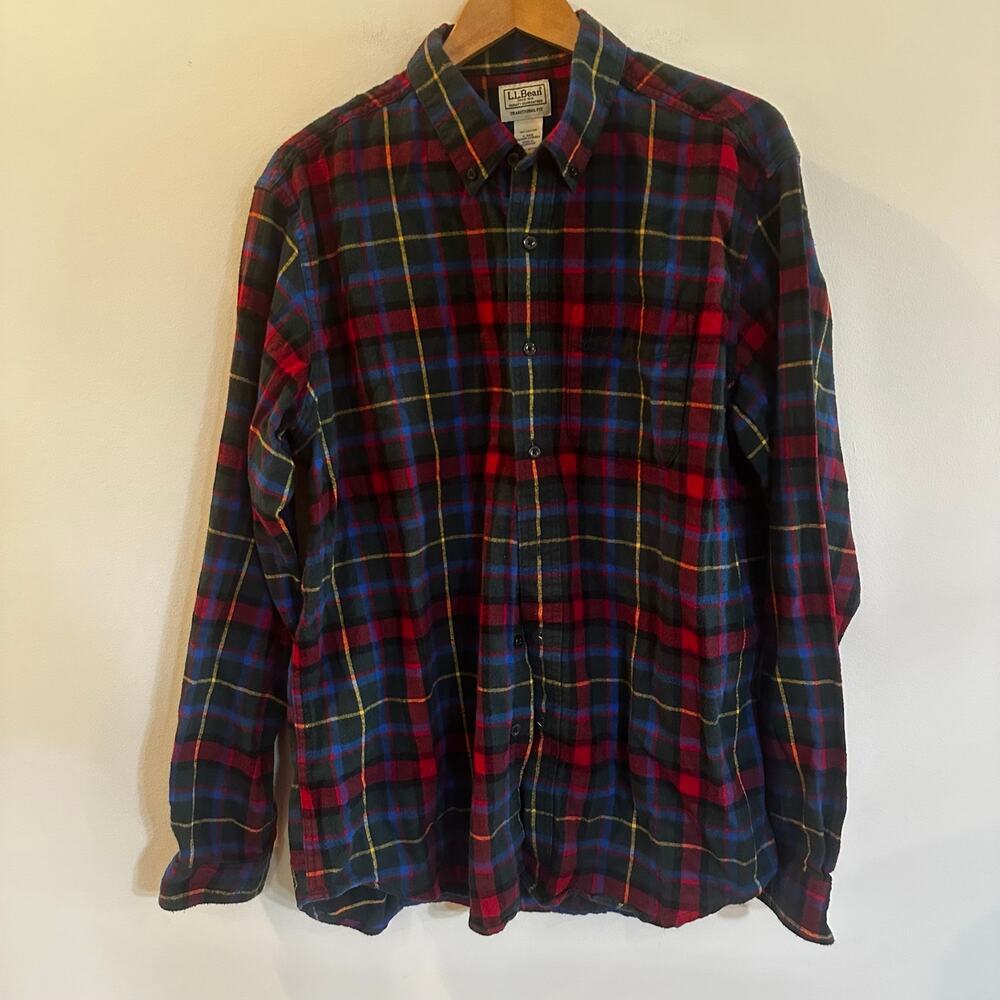 Men's LL Bean 100% Cotton Plaid Flannel Shirt sz L - Picture 2 of 8